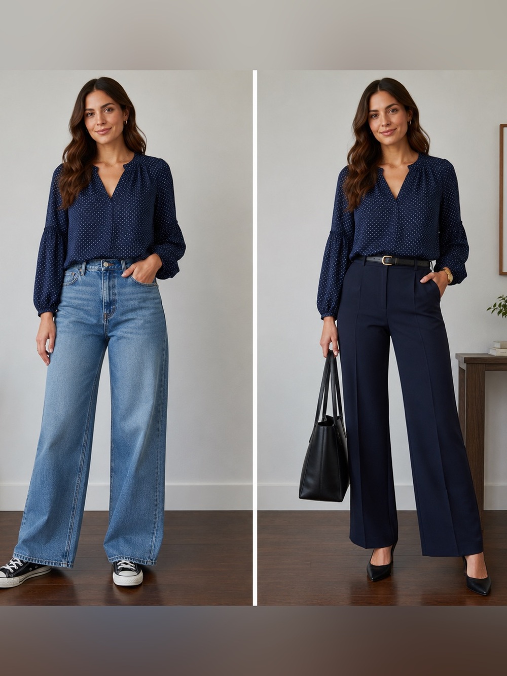 LOFT O Navy Polka Dot V-Neck Blouse